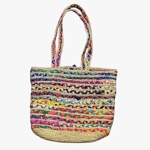 Magid Woven Jute & Cotton Braided Chindi Rag Bag Tote Boho Recycled Striped